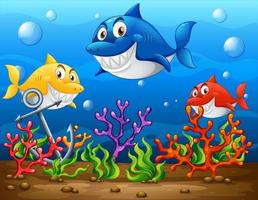 Many sharks cartoon character in the underwater background vector