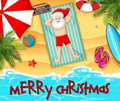 Santa Claus taking sun bath at the beach with summer element and merry christmas font vector