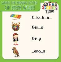 Write the missing letter of each word worksheet for children vector