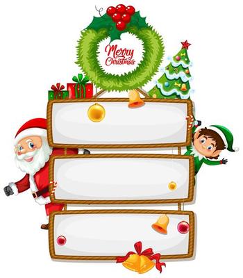 Blank wooden sign with Merry Christmas font logo with christmas cartoon character on white background