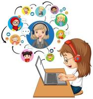 Side view of a girl using laptop for communicate video conference with teacher and friends on white background vector