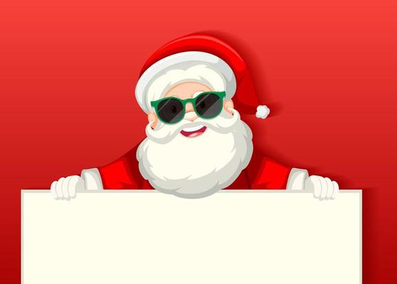 Cute Santa Claus wearing sunglasses cartoon character holding blank banner on red background