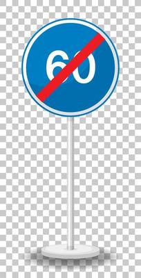 Blue minimum speed limit 60 road sign with stand isolated on transparent background