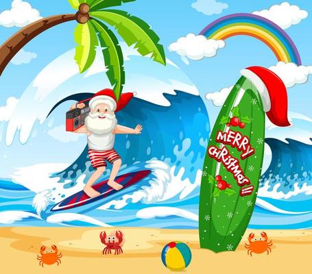 Santa Claus surfing at the beach for Summer Christmas