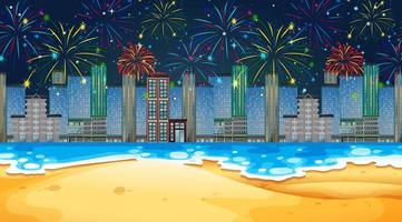 Cityscape with celebration fireworks scene vector