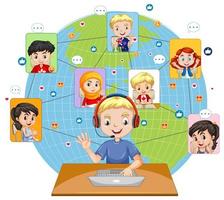 Front view of a boy using laptop for communicate video conference with friends on white background vector