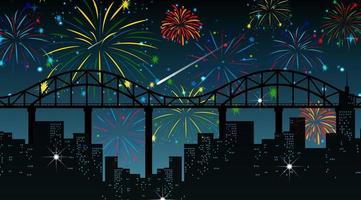 Cityscape with celebration fireworks scene vector
