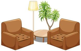 Muebles de sofá marrón con lámpara y árbol aislado sobre fondo blanco. vector