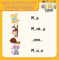 Write the missing letter of each word worksheet for children vector