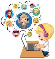 Side view of a boy using laptop for communicate video conference with teacher and friends on white background vector