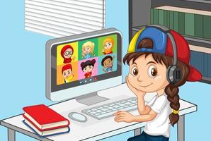 A girl communicate video conference with friends at home scene vector