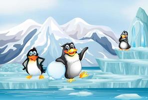 escena con pingüinos en el hielo. vector