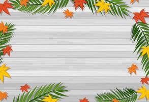 Top view of blank wooden table with leaves in different season elements vector