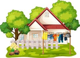 Front of house with clothes hanging on clotheslines vector