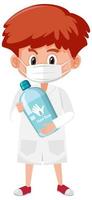 Boy in doctor costume holding hand soap objects isolated on white background vector