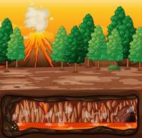 Volcano eruption with magma in underground vector