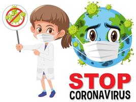 Stop coronavirus logo with earth wearing mask cartoon character and doctor holding stop coronavirus sign
