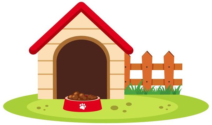 Dog house with food bowl isolated on white background