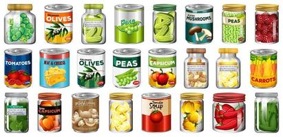 Conjunto de diferentes alimentos enlatados y alimentos en frascos aislados vector