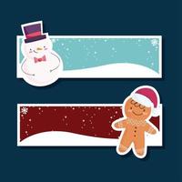 banner de feliz navidad con muñeco de nieve y pan de jengibre vector