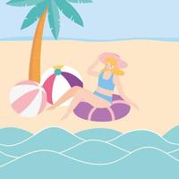 vacaciones de verano con niña en la playa vector