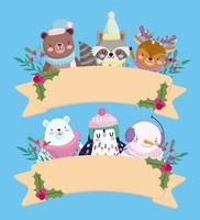 banner de feliz navidad con personajes lindos vector