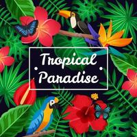 Tropical Background with Exotic Foliage, Flowers and Birds vector