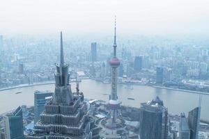 Shanghai, China, 2020 - Aerial view of the Oriental Pearl Tower photo