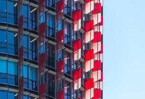 Barangaroo, Australia, 2020 - Building with red and white stained glass panels photo