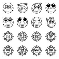 Emoticon with face mask and coronavirus icon set vector