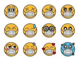 Emoticon with face mask icon set vector