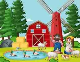 Old MacDonald in the farm with barn and windmill scene vector