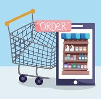 mercado en línea, teléfono inteligente con carrito de compras y botón de pedido vector