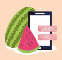 mercado online, smartphone y fruta de sandía vector