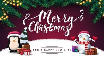 Merry Christmas and Happy New Year purple postcard vector