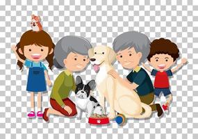 Old couple and grandchild with their pet dogs isolated on transparent background vector