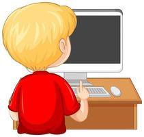 Back view of a boy with computer on the table on white background vector