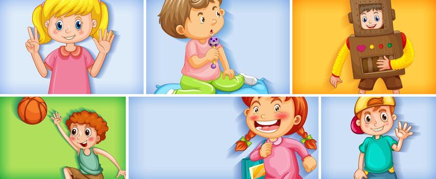 Set of different kid characters on different color background vector