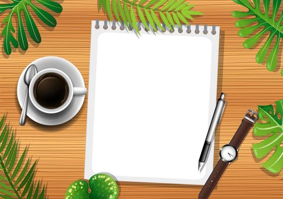 Top view of wooden table with blank paper and office objects and leaves element