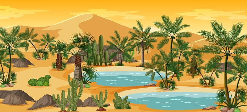 oasis en el desierto con palmeras y catus naturaleza paisaje escena 1486501  Vector en Vecteezy