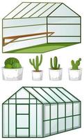 Close and open view of empty greenhouse with many plants in pots vector