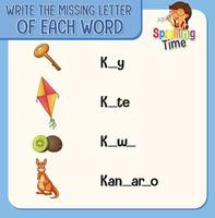 Write the missing letter of each word worksheet for children vector