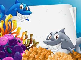 Blank paper template with many sharks cartoon character in the underwater scene vector