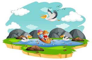 Children row the boat in the stream scene on white background vector