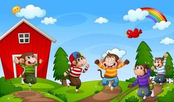 Five little monkeys jumping in the farm scene vector