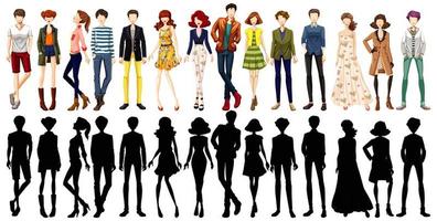 Set of urban people character and its silhouette vector