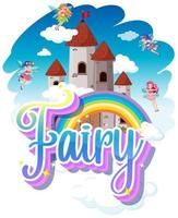 Fairy logo with little fairies on rainbow sky background vector