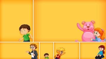 Set of different kid characters on yellow color background vector