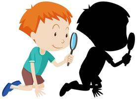 Boy with magnifying glass in color and silhouette vector