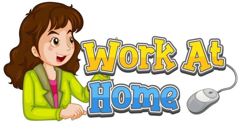 Font design for word work at home with happy woman on white background